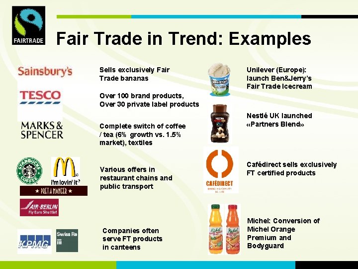 FLO International Fair Trade in Trend: Examples Sells exclusively Fair Trade bananas Unilever (Europe):