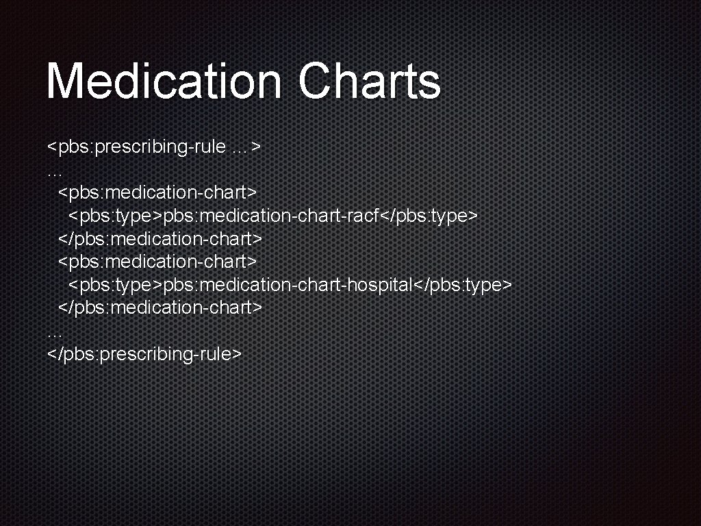 Medication Charts <pbs: prescribing-rule …> … <pbs: medication-chart> <pbs: type>pbs: medication-chart-racf</pbs: type> </pbs: medication-chart>