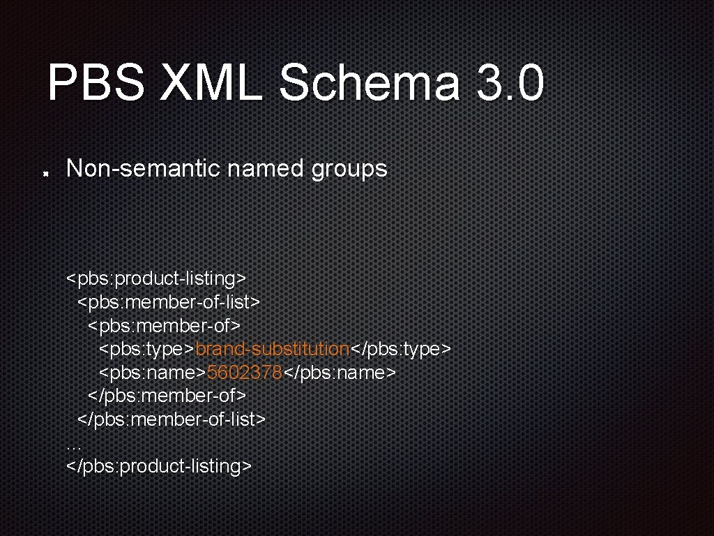 PBS XML Schema 3. 0 Non-semantic named groups <pbs: product-listing> <pbs: member-of-list> <pbs: member-of>