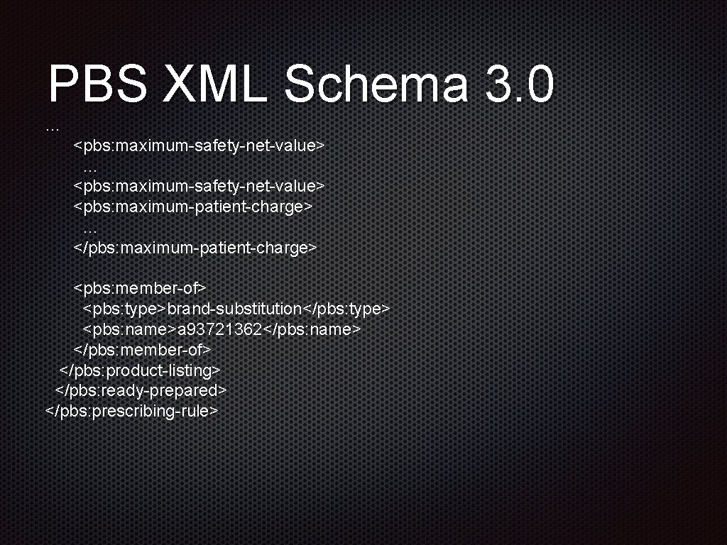 PBS XML Schema 3. 0 … <pbs: maximum-safety-net-value> <pbs: maximum-patient-charge> … </pbs: maximum-patient-charge> <pbs: