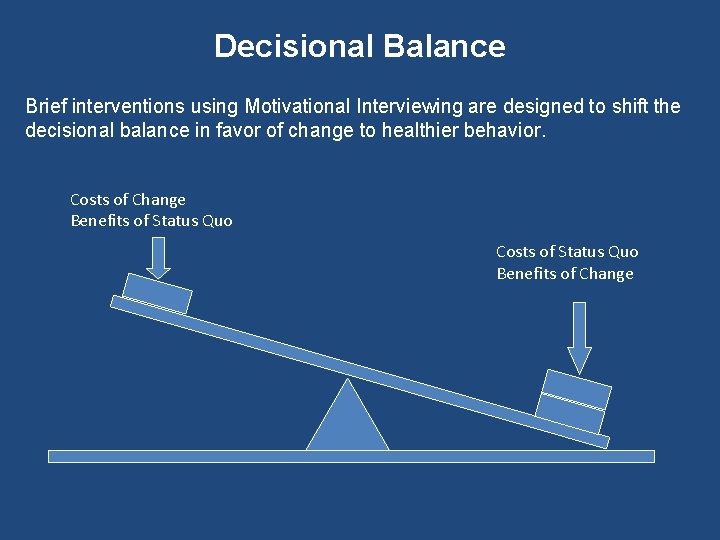 Decisional Balance Brief interventions using Motivational Interviewing are designed to shift the decisional balance