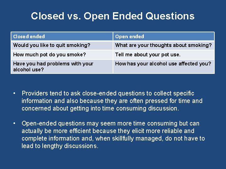 Closed vs. Open Ended Questions Closed ended Open ended Would you like to quit