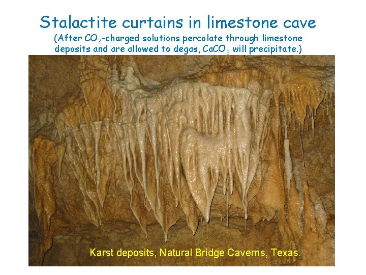 Stalactite curtains in limestone cave (After CO 2 -charged solutions percolate through limestone deposits