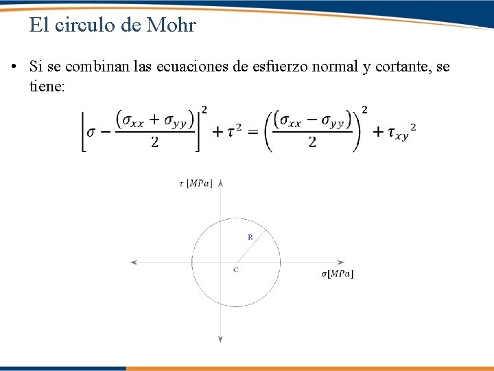 El circulo de Mohr • Si se combinan las ecuaciones de esfuerzo normal y