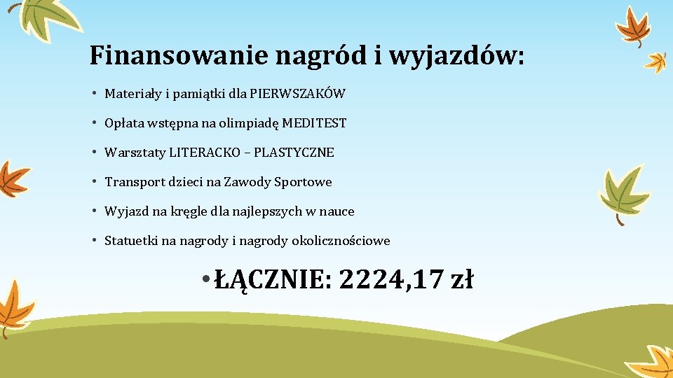 Finansowanie nagród i wyjazdów: • Materiały i pamiątki dla PIERWSZAKÓW • Opłata wstępna na