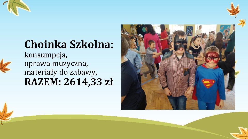 Choinka Szkolna: konsumpcja, oprawa muzyczna, materiały do zabawy, RAZEM: 2614, 33 zł 