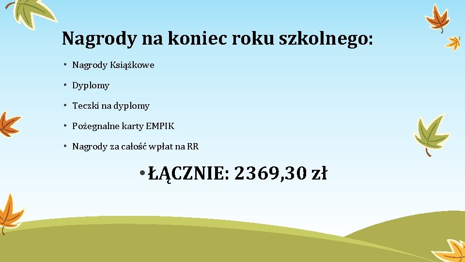 Nagrody na koniec roku szkolnego: • Nagrody Książkowe • Dyplomy • Teczki na dyplomy