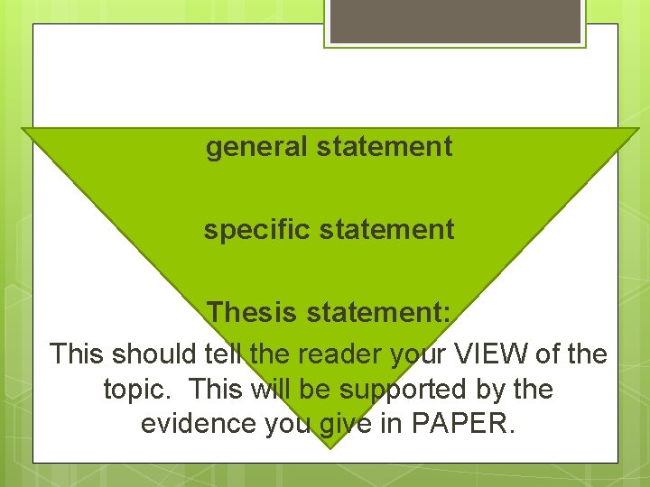 general statement specific statement Thesis statement: This should tell the reader your VIEW of