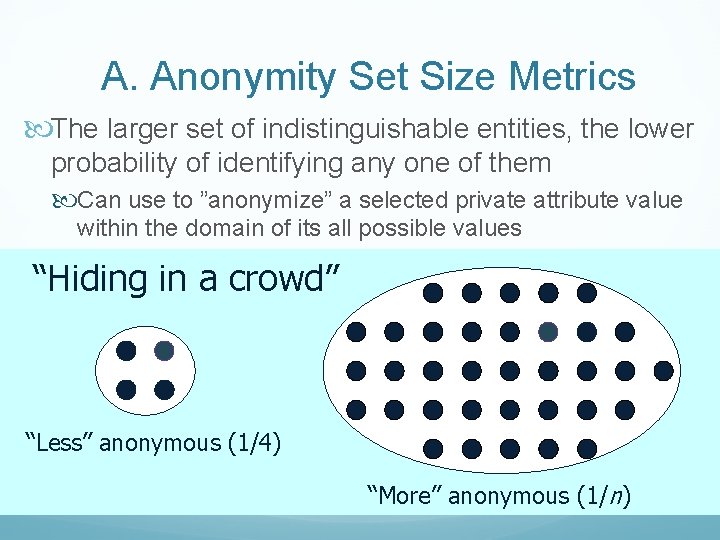 A. Anonymity Set Size Metrics The larger set of indistinguishable entities, the lower probability