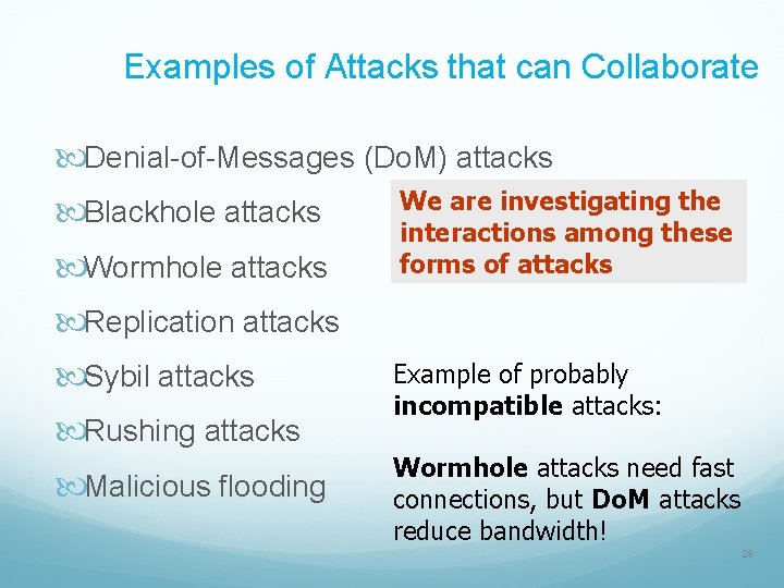 Examples of Attacks that can Collaborate Denial-of-Messages (Do. M) attacks Blackhole attacks Wormhole attacks