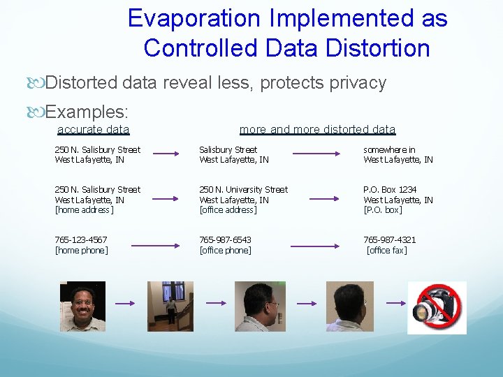 Evaporation Implemented as Controlled Data Distortion Distorted data reveal less, protects privacy Examples: accurate