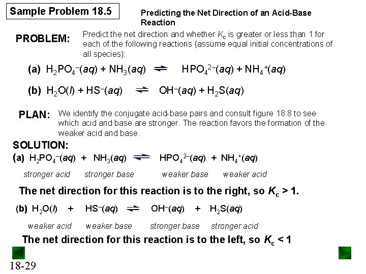 Sample Problem 18. 5 PROBLEM: Predicting the Net Direction of an Acid-Base Reaction Predict