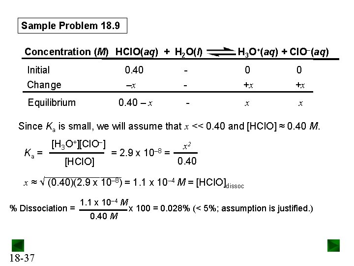 Sample Problem 18. 9 Concentration (M) HCl. O(aq) + H 2 O(l) Initial Change