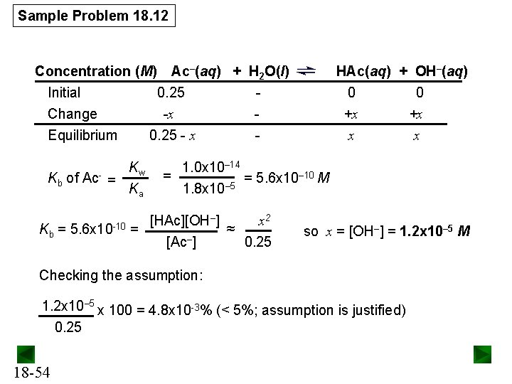 Sample Problem 18. 12 Concentration (M) Initial Change Equilibrium Kb of Kb = Ac-