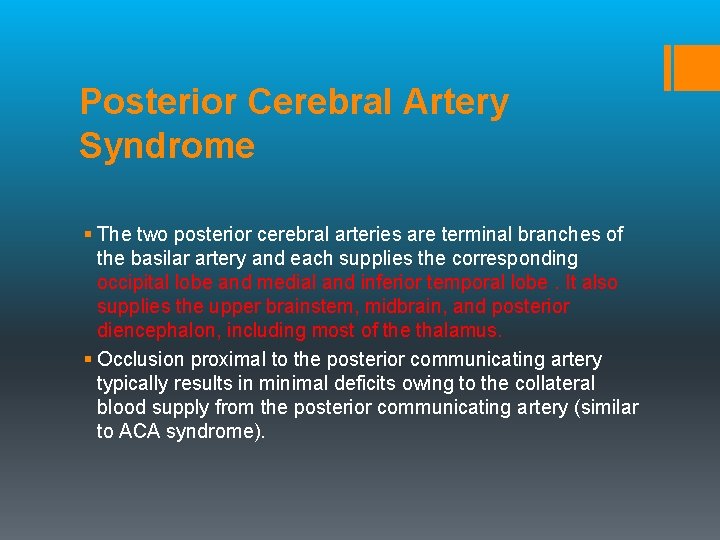 Posterior Cerebral Artery Syndrome § The two posterior cerebral arteries are terminal branches of