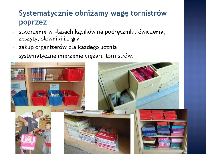 Systematycznie obniżamy wagę tornistrów poprzez: stworzenie w klasach kącików na podręczniki, ćwiczenia, zeszyty, słowniki