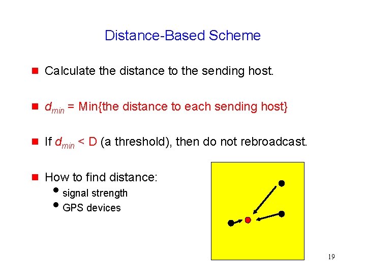 Distance-Based Scheme Calculate the distance to the sending host. dmin = Min{the distance to