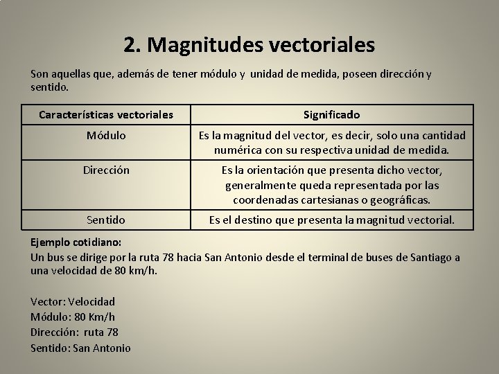 2. Magnitudes vectoriales Son aquellas que, además de tener módulo y unidad de medida,