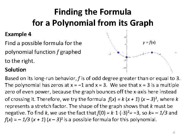 Finding the Formula for a Polynomial from its Graph Example 4 Find a possible