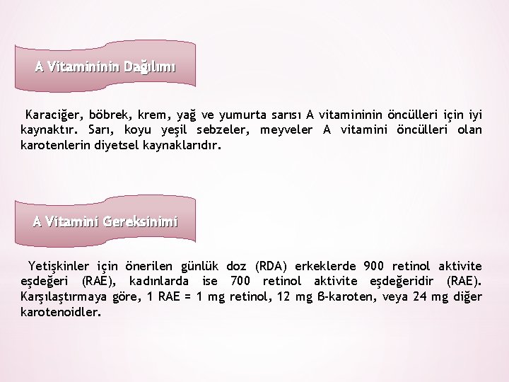 A Vitamininin Dağılımı Karaciğer, böbrek, krem, yağ ve yumurta sarısı A vitamininin öncülleri için