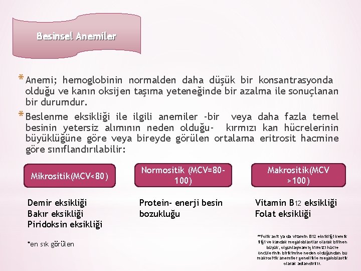 Besinsel Anemiler * Anemi; hemoglobinin normalden daha düşük bir konsantrasyonda olduğu ve kanın oksijen