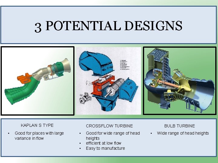 3 POTENTIAL DESIGNS KAPLAN S TYPE • Good for places with large variance in