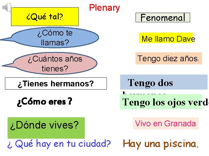 ¿Qué tal? Plenary ¿Cómo te llamas? Fenomenal Me llamo Dave ¿Cuántos años tienes? Tengo