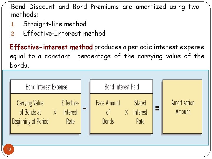 Bond Discount and Bond Premiums are amortized using two methods: 1. Straight-line method 2.