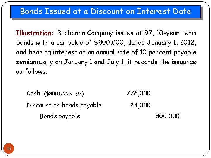 Bonds Issued at a Discount on Interest Date Illustration: Buchanan Company issues at 97,