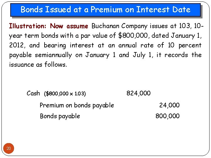 Bonds Issued at a Premium on Interest Date Illustration: Now assume Buchanan Company issues