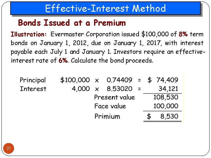 Effective-Interest Method Bonds Issued at a Premium Illustration: Evermaster Corporation issued $100, 000 of