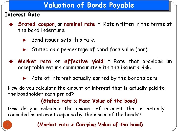 Valuation of Bonds Payable Interest Rate u u Stated, coupon, or nominal rate =