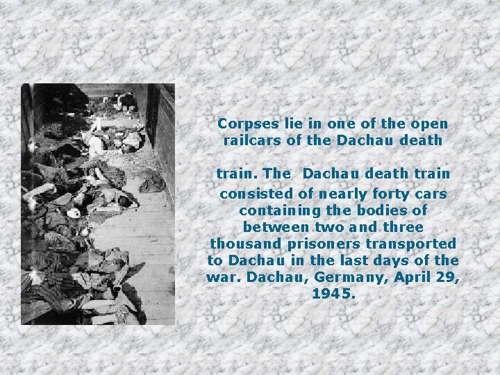 Corpses lie in one of the open railcars of the Dachau death train. The