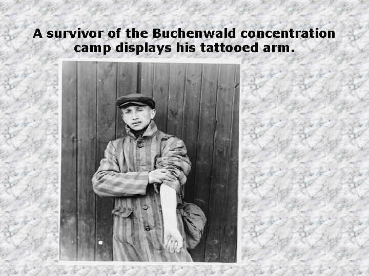 A survivor of the Buchenwald concentration camp displays his tattooed arm. 