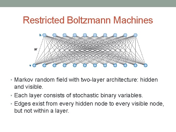 Restricted Boltzmann Machines • Markov random field with two-layer architecture: hidden and visible. •