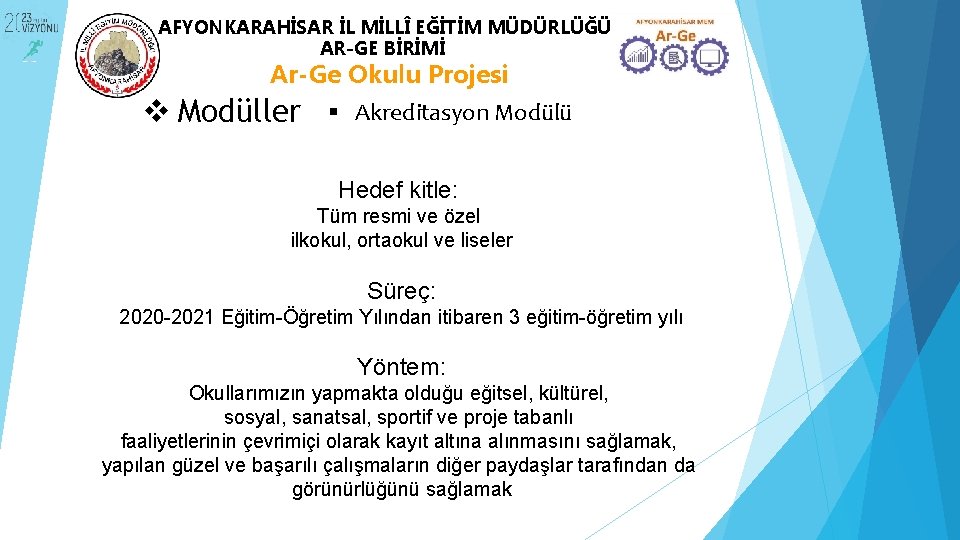 AFYONKARAHİSAR İL MİLLÎ EĞİTİM MÜDÜRLÜĞÜ AR-GE BİRİMİ Ar-Ge Okulu Projesi v Modüller Akreditasyon Modülü