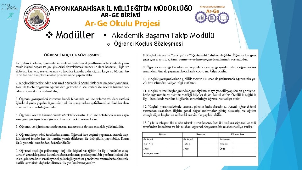 AFYONKARAHİSAR İL MİLLÎ EĞİTİM MÜDÜRLÜĞÜ AR-GE BİRİMİ Ar-Ge Okulu Projesi v Modüller Akademik Başarıyı