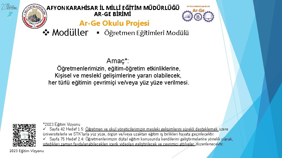 AFYONKARAHİSAR İL MİLLÎ EĞİTİM MÜDÜRLÜĞÜ AR-GE BİRİMİ Ar-Ge Okulu Projesi v Modüller Öğretmen Eğitimleri