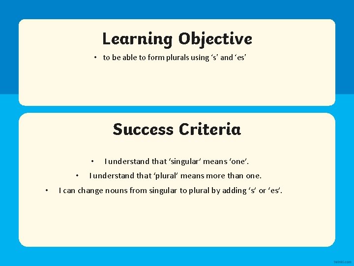 Learning Objective • to be able to form plurals using ‘s’ and ‘es’ Success