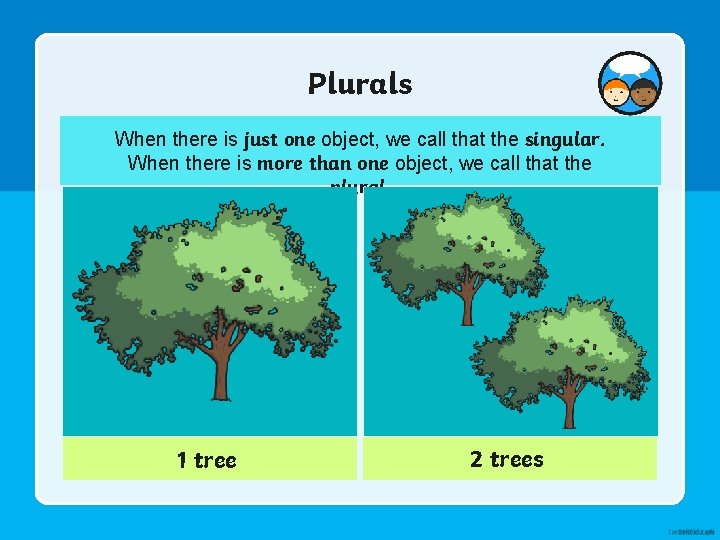 Plurals When there is just one object, we call that the singular. When there