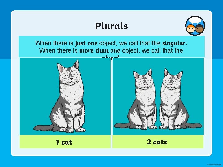 Plurals When there is just one object, we call that the singular. When there