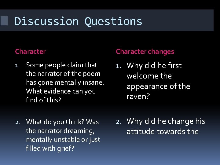 Discussion Questions Character changes 1. Some people claim that the narrator of the poem
