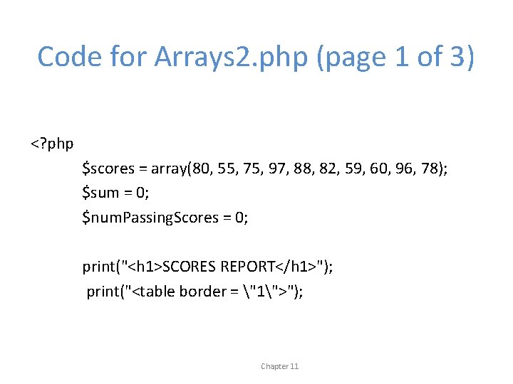 Code for Arrays 2. php (page 1 of 3) <? php $scores = array(80,