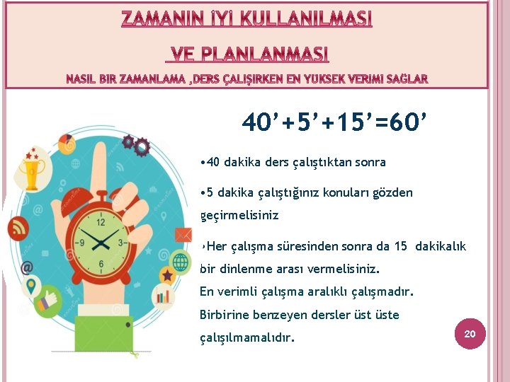40’+5’+15’=60’ • 40 dakika ders çalıştıktan sonra • 5 dakika çalıştığınız konuları gözden geçirmelisiniz