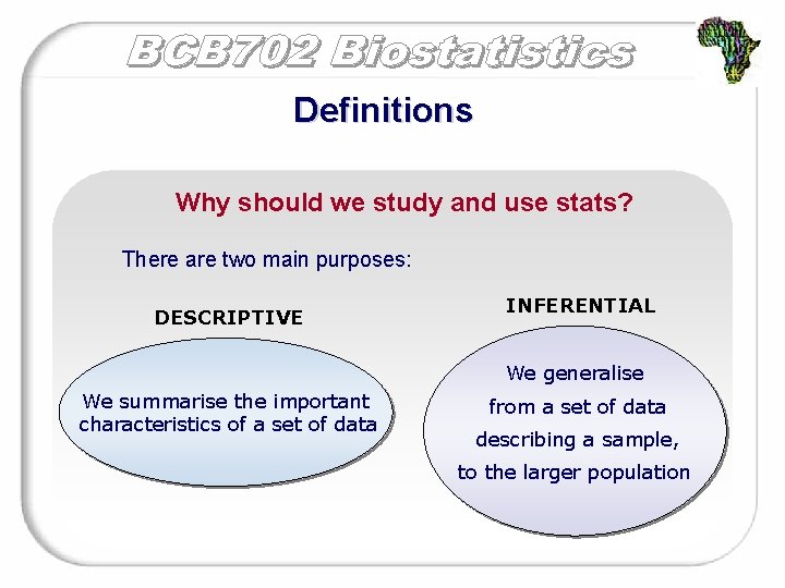 Definitions Why should we study and use stats? There are two main purposes: DESCRIPTIVE