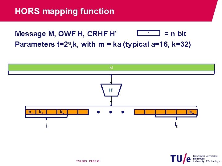 HORS mapping function * Message M, OWF H, CRHF H’ = n bit Parameters