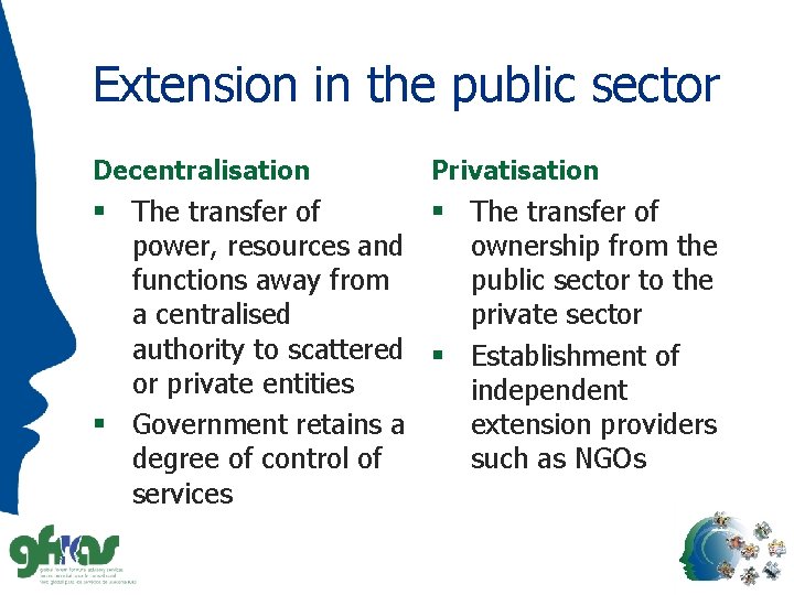 Extension in the public sector Decentralisation Privatisation § The transfer of power, resources and