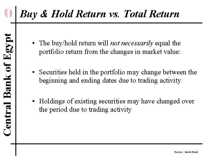 Central Bank of Egypt Buy & Hold Return vs. Total Return • The buy/hold