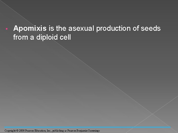  • Apomixis is the asexual production of seeds from a diploid cell Copyright