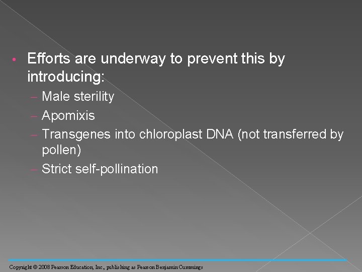  • Efforts are underway to prevent this by introducing: – Male sterility –